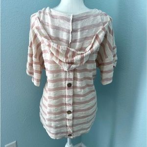 Misia Pink & Cream Striped Hooded V-Neck Top Button Back Size M